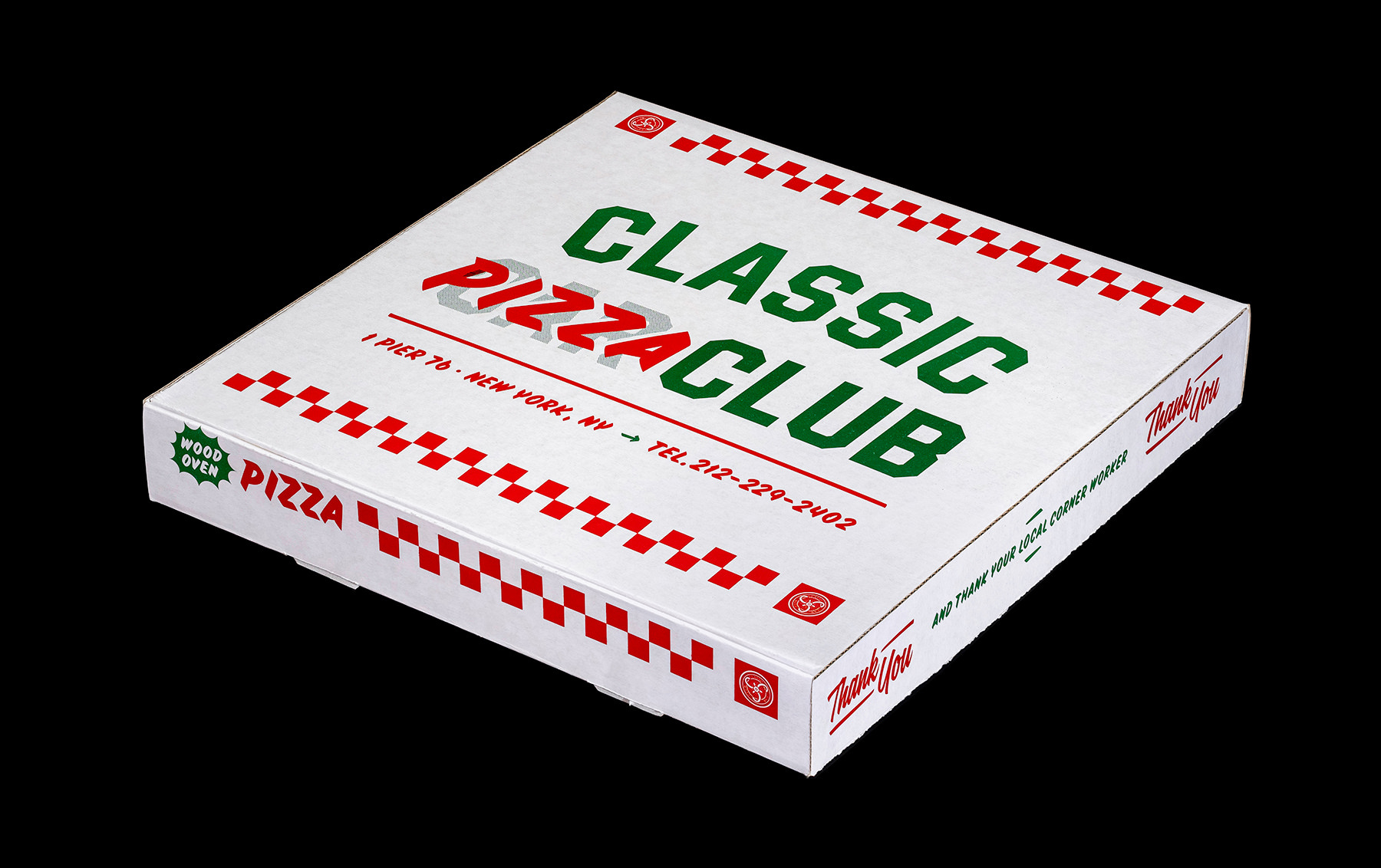 A three-quarter view of the custom designed pizza box. There is a checkered pattern and stylized typography in green and red on a white box.