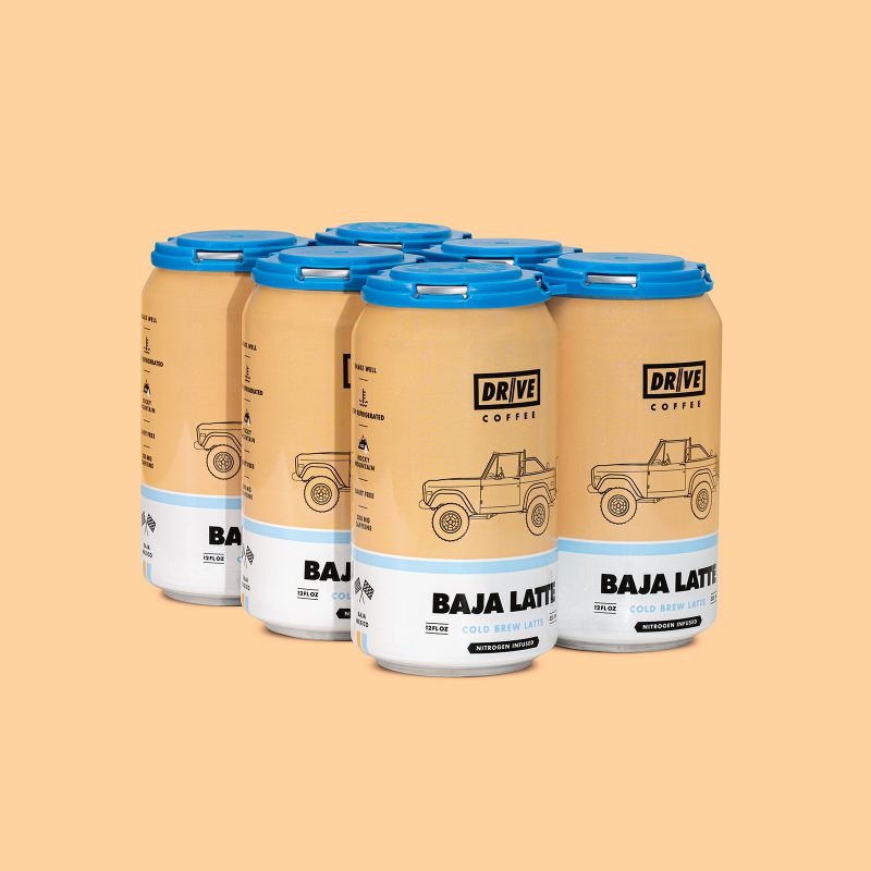 A six pack of Drive Coffee's Baja Latte cold brew can label on a tan background