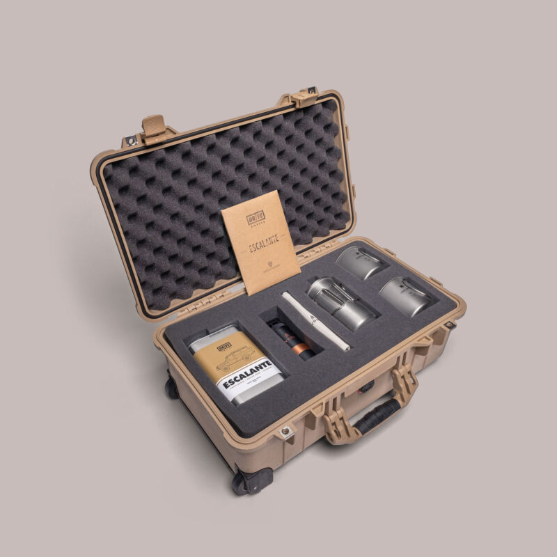 A limited edition product set in a hard shell roller case. Photographed open to show how the products fit into the foam insert nicely organized.