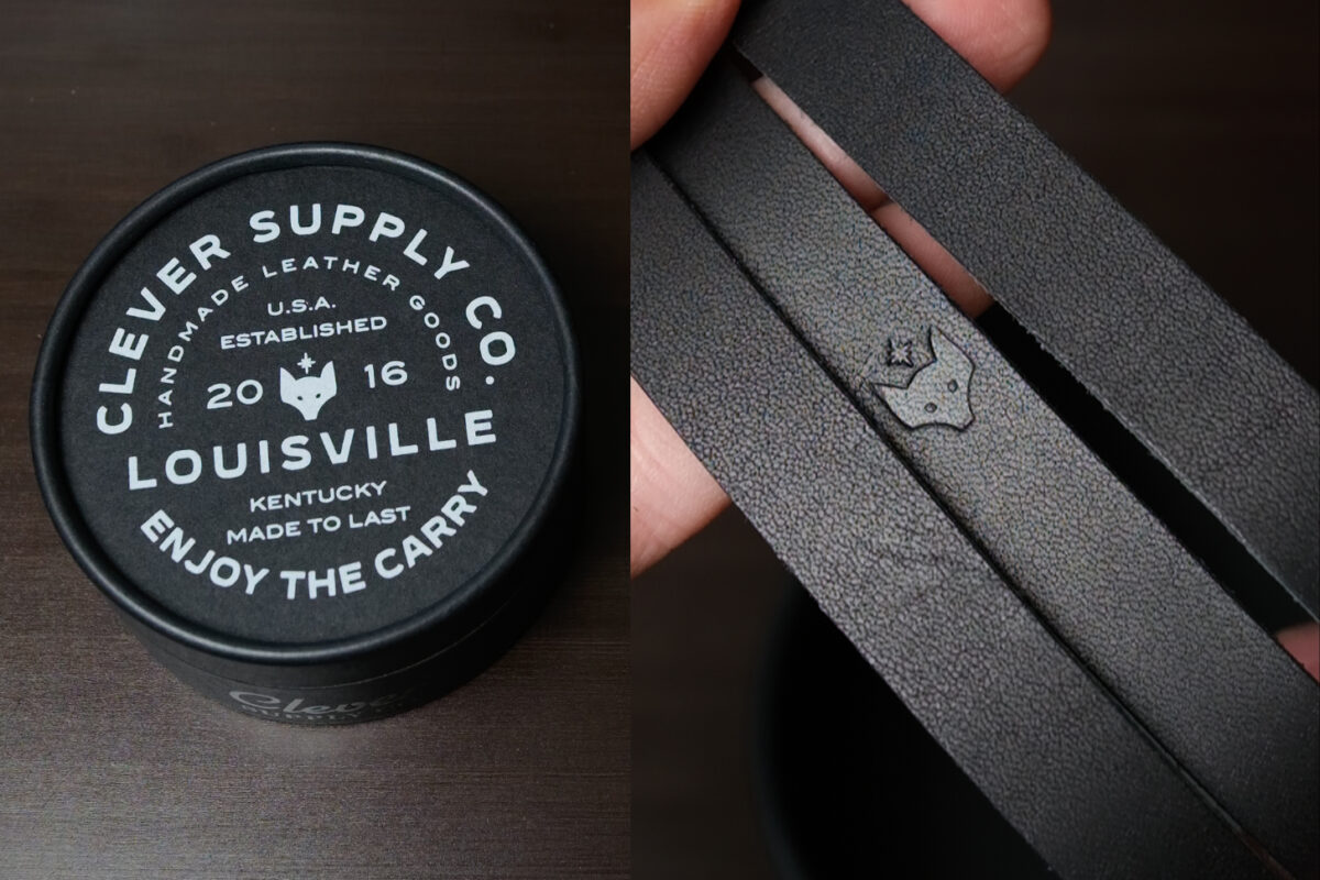 A split image with packaging and a leather camera strap showing upclose detail and quality