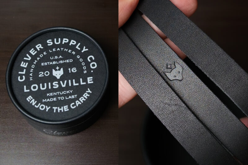 A split image with packaging and a leather camera strap showing upclose detail and quality