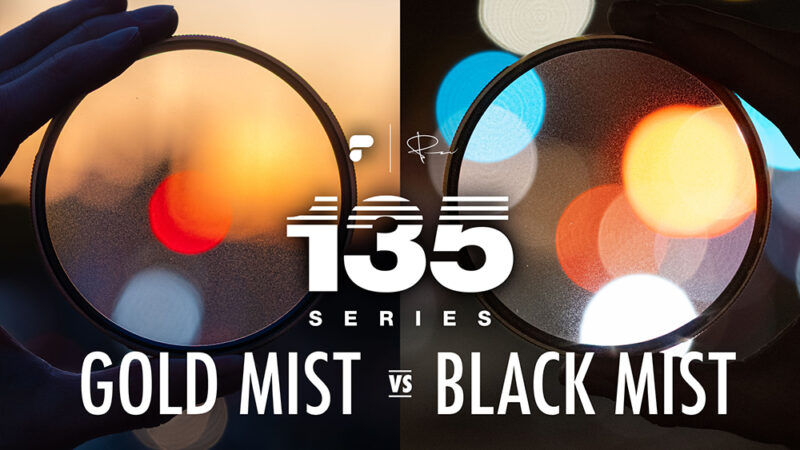 A side by side split of two lens filters held up with bokeh in the center of each