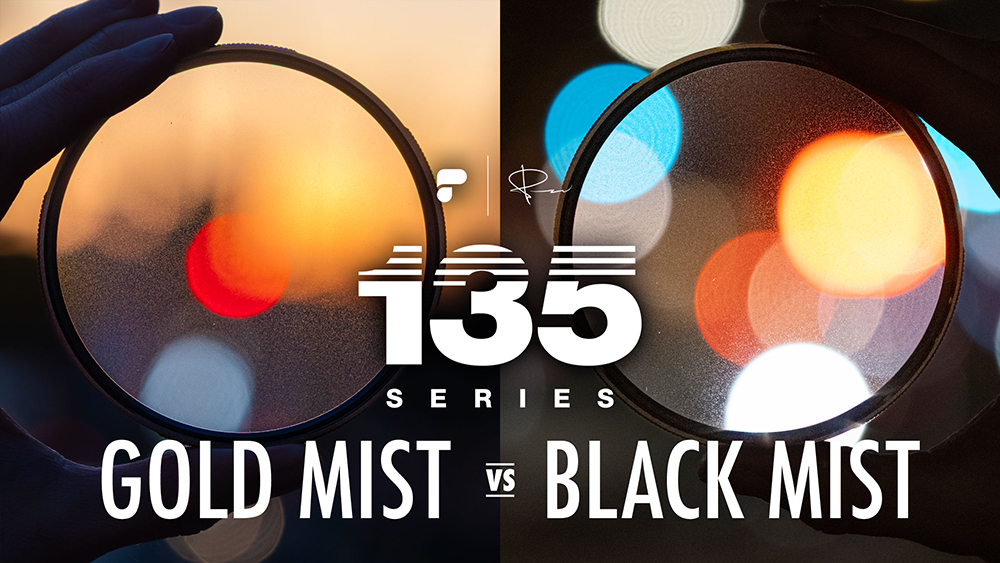 A side by side split of two lens filters held up with bokeh in the center of each