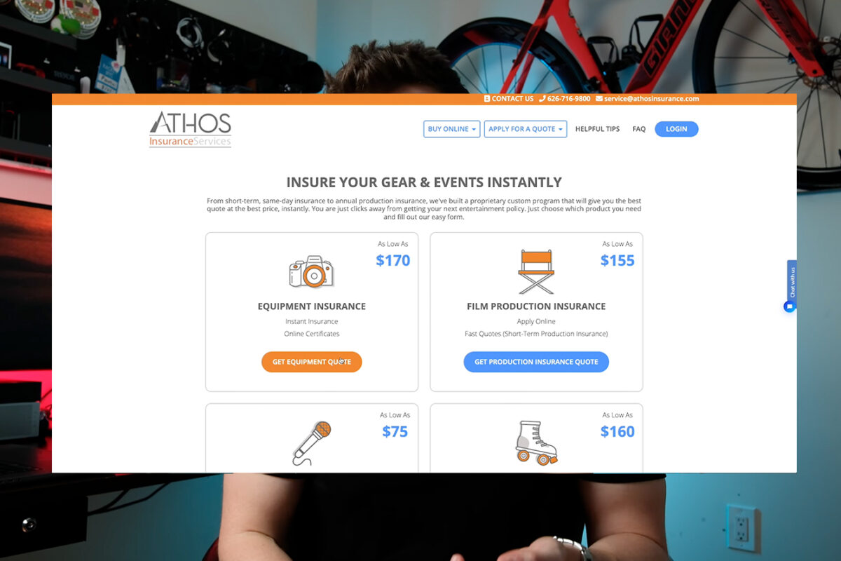 Screenshot of Athos Insurance Services website showing insurance options for equipment, film production, events, and sports, with pricing starting at $75 to $170.