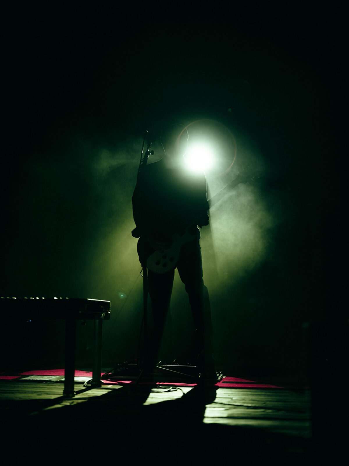 Silhouetted bassist framed by green light.