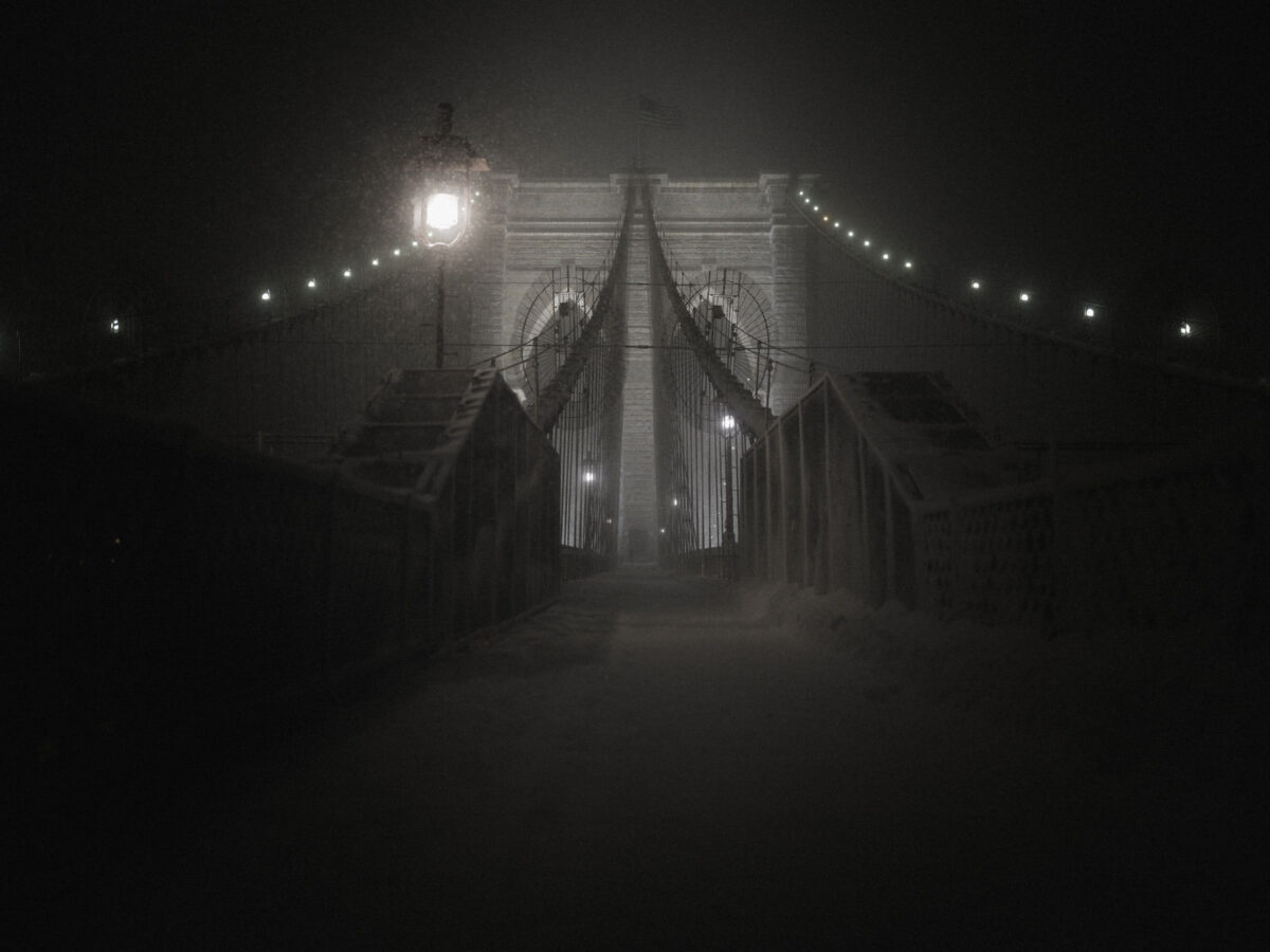 Brooklyn bridge in a blizzard and haze